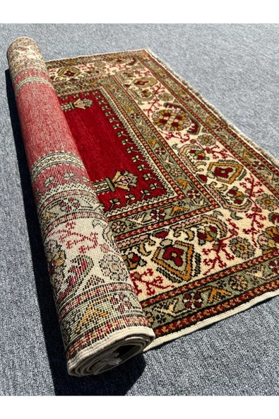 El Dokuma 107x171 Bürüngüz Seccade Namazlık %100 Yün Kırmızı Ince Seccade - 7