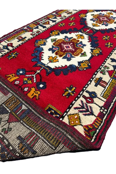 El Dokuma Sıfır Yahyalı Halısı Yolluk 79x380 Kırmızı Krem Lacivert Kök Boya Yolluk - Resim 8