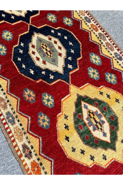 EL DOKUMA FETHİYE YÖRÜK HALISI YOLLUK 83X270 KIRMIZI LACİVERT SARI KÖK BOYA YOLLUK - Resim 3