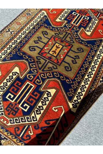 El Dokuma Özel Tasarım Kafkas Halısı 110x160 Kiremit Lacivert Yeşil Kök Boya Halı - 3