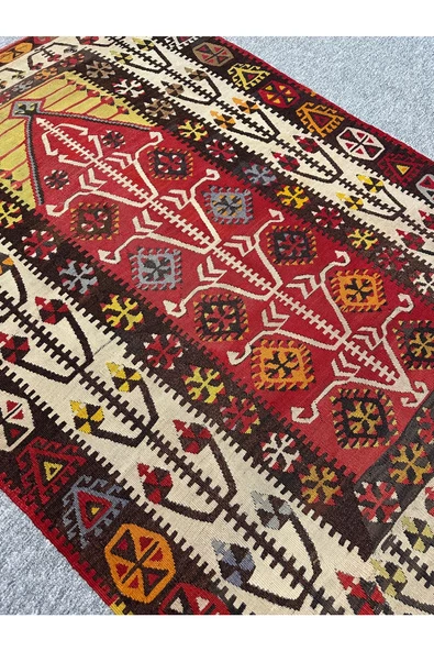 EL DOKUMA ANTİKA KİLİM SECCADE GÖMÜRGEN KİLİMİ 110X160 KIRMIZI SARI KÖK BOYA NAMAZLIK