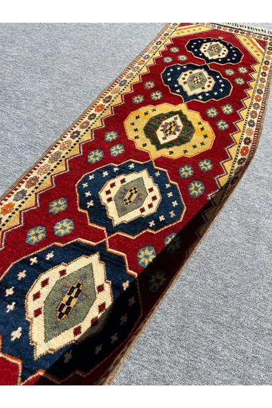 EL DOKUMA FETHİYE YÖRÜK HALISI YOLLUK 83X270 KIRMIZI LACİVERT SARI KÖK BOYA YOLLUK - Resim 6