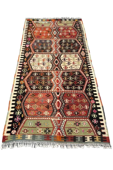 EL DOKUMA ÇİFT KANAT MALATYA KİLİMİ 155X300 YEŞİL KİREMİT KÖK BOYA BÜYÜK YÜN KİLİM
