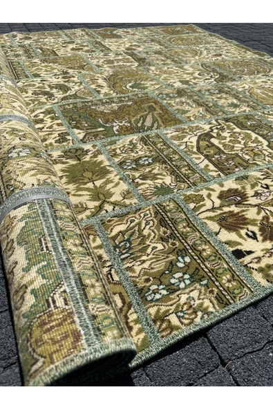 EL DOKUMA BÜNYAN HALISI PATCHWORK 185X260 YEŞİL %100 YÜN 5 M2 HALI ! - Resim 8