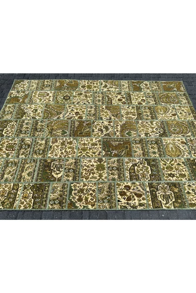 EL DOKUMA BÜNYAN HALISI PATCHWORK 185X260 YEŞİL %100 YÜN 5 M2 HALI ! - Resim 5
