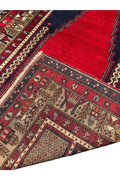 El Dokuma Sıfır Seccade Adana Yörük Halısı 138X224 Lacivert Kırmızı Kök Boya Kaldırım Yörüğü - 4