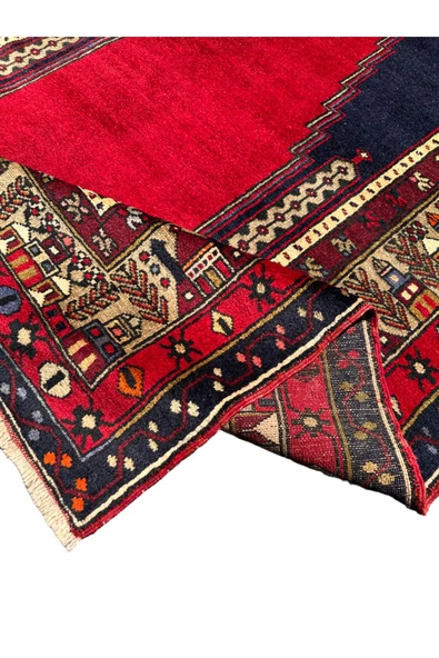 El Dokuma Sıfır Seccade Adana Yörük Halısı 138X224 Lacivert Kırmızı Kök Boya Kaldırım Yörüğü - 5