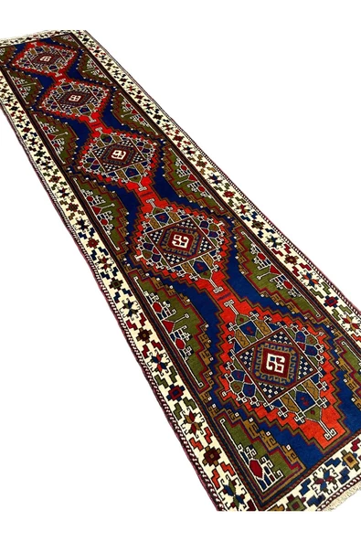 El Dokuma Kök Boya %100 Yün Yolluk 95x378 Kiremit Lacivert Taşpınar Halısı - Resim 5