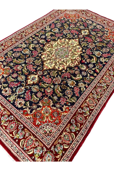 EL DOKUMA İRAN KUM HALISI 140X210 KIRMIZI LACİVERT %100 YÜN SIK DOKUMA HALI - Resim 2