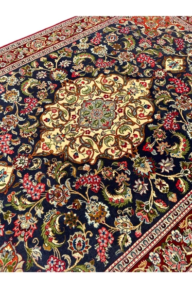 EL DOKUMA İRAN KUM HALISI 140X210 KIRMIZI LACİVERT %100 YÜN SIK DOKUMA HALI - Resim 4