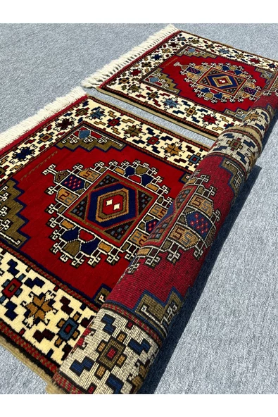 EL DOKUMA 85X200 VE 85X135 TAŞPINAR HALISI YEŞİL KIRMIZI KREM %100 YÜN SIFIR YATAK ODA TAKIMI - Resim 4