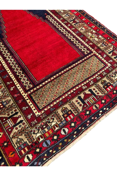 El Dokuma Sıfır Seccade Adana Yörük Halısı 138X224 Lacivert Kırmızı Kök Boya Kaldırım Yörüğü - 7