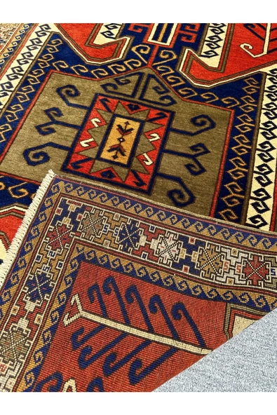 El Dokuma Özel Tasarım Kafkas Halısı 110x160 Kiremit Lacivert Yeşil Kök Boya Halı - 4