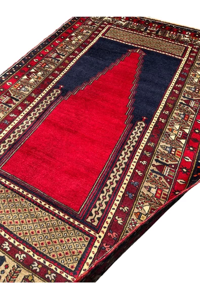 El Dokuma Sıfır Seccade Adana Yörük Halısı 138X224 Lacivert Kırmızı Kök Boya Kaldırım Yörüğü - 2