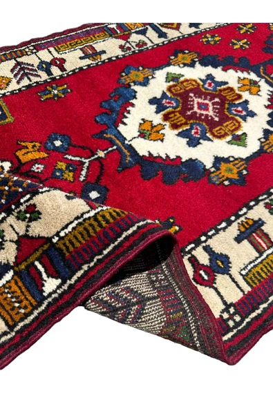 El Dokuma Sıfır Yahyalı Halısı Yolluk 79x380 Kırmızı Krem Lacivert Kök Boya Yolluk - Resim 4
