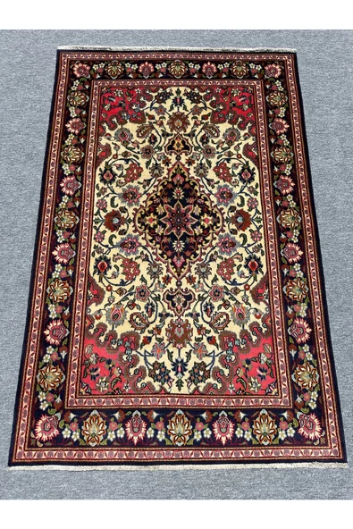 El Dokuma İran Kum Halısı 130x210 Lacivert Pembe Krem %100 Yün Sıfır İran Halısı ürün görseli