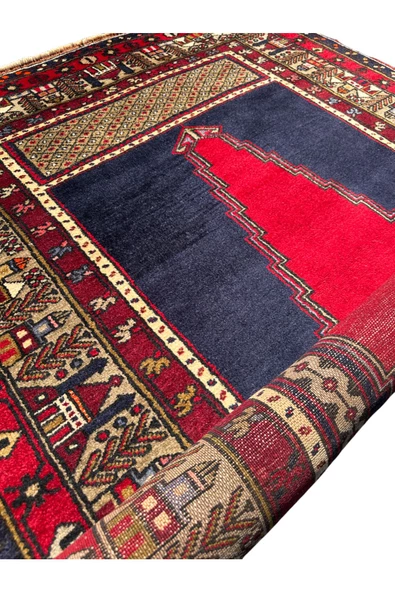 El Dokuma Sıfır Seccade Adana Yörük Halısı 138X224 Lacivert Kırmızı Kök Boya Kaldırım Yörüğü - 8