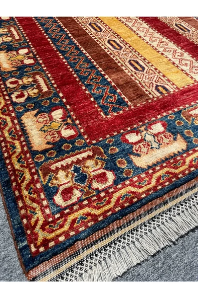 EL DOKUMA ŞAL HALISI 160x200 MAVİ KIRMIZI SARI KÖK BOYA HALI ! - 2