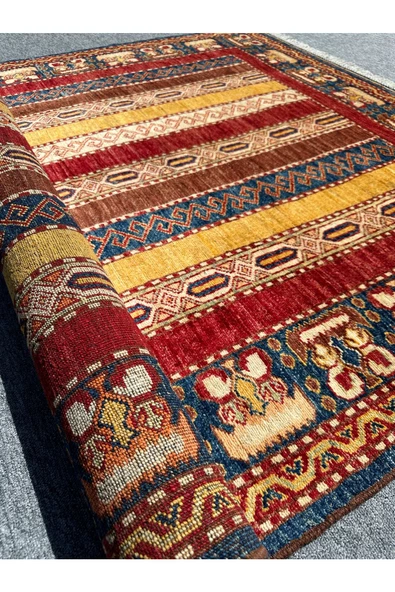EL DOKUMA ŞAL HALISI 160x200 MAVİ KIRMIZI SARI KÖK BOYA HALI ! - 7