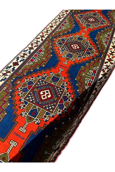 El Dokuması Taşpınar Yolluk 90x350 Lacivert Kiremit Yeşil Yün Kök Boya Halı - Resim 5