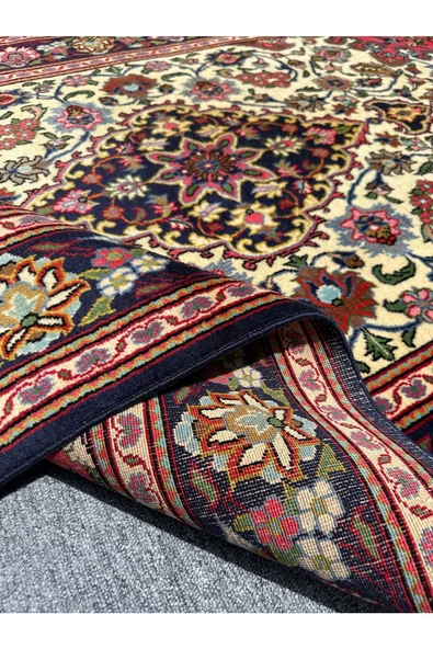 El Dokuma İran Kum Halısı 130x210 Lacivert Pembe Krem %100 Yün Sıfır İran Halısı - Resim 8