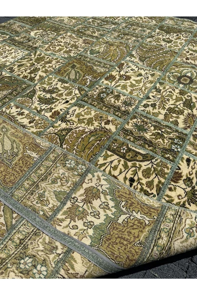 EL DOKUMA BÜNYAN HALISI PATCHWORK 185X260 YEŞİL %100 YÜN 5 M2 HALI ! - Resim 3
