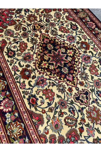 El Dokuma İran Kum Halısı 130x210 Lacivert Pembe Krem %100 Yün Sıfır İran Halısı - Resim 4