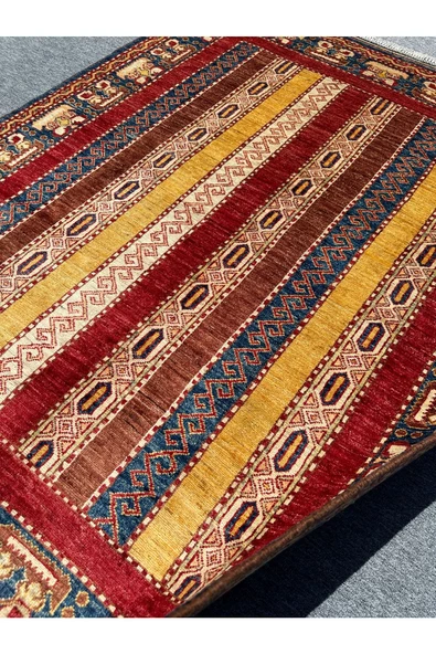 EL DOKUMA ŞAL HALISI 160x200 MAVİ KIRMIZI SARI KÖK BOYA HALI ! - 5