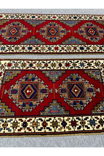 EL DOKUMA 85X200 VE 85X135 TAŞPINAR HALISI YEŞİL KIRMIZI KREM %100 YÜN SIFIR YATAK ODA TAKIMI - Resim 2