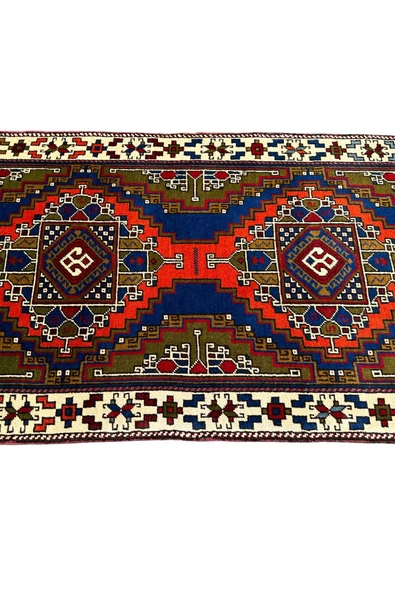 El Dokuması Taşpınar Yolluk 90x350 Lacivert Kiremit Yeşil Yün Kök Boya Halı - Resim 3