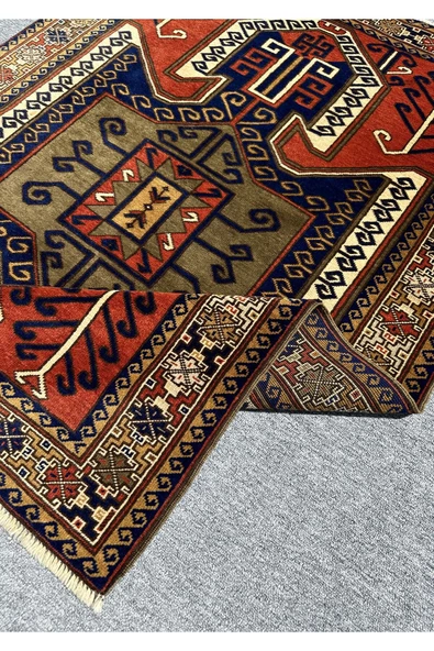 El Dokuma Özel Tasarım Kafkas Halısı 110x160 Kiremit Lacivert Yeşil Kök Boya Halı - 7