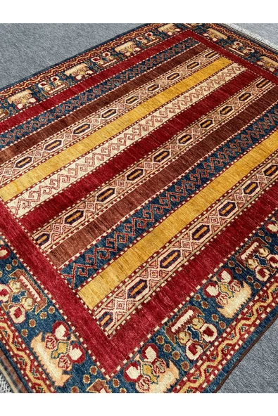 EL DOKUMA ŞAL HALISI 160x200 MAVİ KIRMIZI SARI KÖK BOYA HALI ! - 4