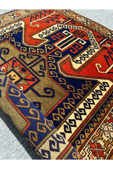 El Dokuma Özel Tasarım Kafkas Halısı 110x160 Kiremit Lacivert Yeşil Kök Boya Halı - 5