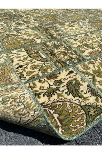 EL DOKUMA BÜNYAN HALISI PATCHWORK 185X260 YEŞİL %100 YÜN 5 M2 HALI ! - Resim 4