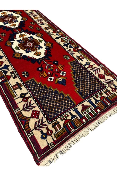 El Dokuma Sıfır Yahyalı Halısı Yolluk 79x380 Kırmızı Krem Lacivert Kök Boya Yolluk - Resim 2