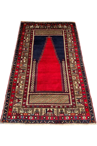 El Dokuma Sıfır Seccade Adana Yörük Halısı 138X224 Lacivert Kırmızı Kök Boya Kaldırım Yörüğü