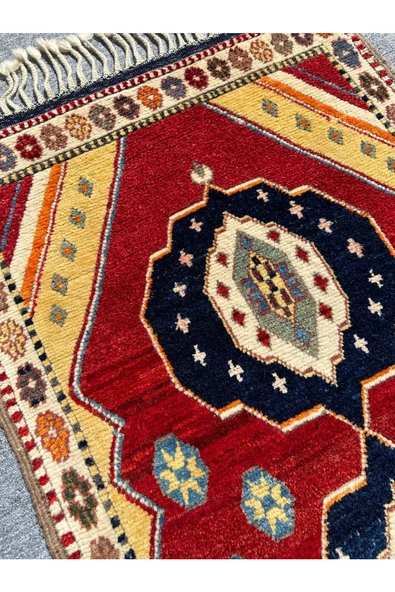 EL DOKUMA FETHİYE YÖRÜK HALISI YOLLUK 83X270 KIRMIZI LACİVERT SARI KÖK BOYA YOLLUK - Resim 4