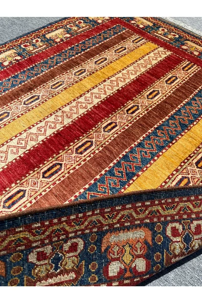 EL DOKUMA ŞAL HALISI 160x200 MAVİ KIRMIZI SARI KÖK BOYA HALI ! - 8