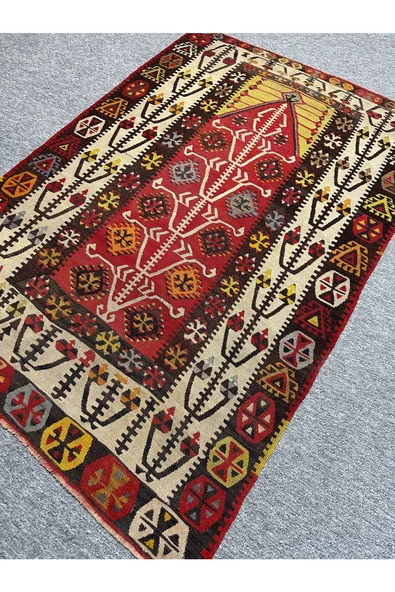 EL DOKUMA ANTİKA KİLİM SECCADE GÖMÜRGEN KİLİMİ 110X160 KIRMIZI SARI KÖK BOYA NAMAZLIK - 7
