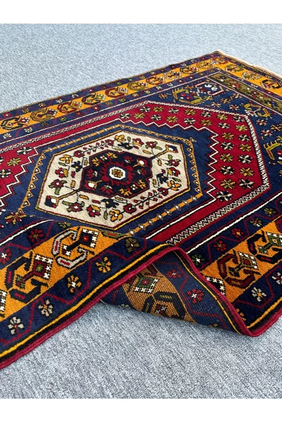 EL DOKUMA SIFIR ÇİFT YAHYALI HALISI 105X185 KIRMIZI LACİVERT SARI KÖK BOYA YÜN HALI - Resim 4