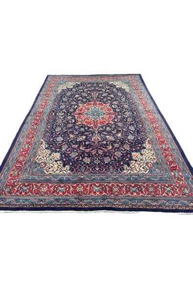 EL DOKUMA BÜYÜK İRAN KASHAN HALISI 296X407 LACİVERT %100 YÜN SALON HALISI