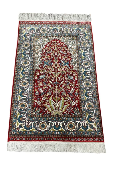 El Dokuma Saf Ipek Seccade 75x110 Hayat Ağacı Modeli Kuşlu %100 Has Ipek Namazlık