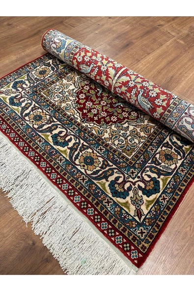 El Dokuma Saf Ipek Seccade 75x110 Hayat Ağacı Modeli Kuşlu %100 Has Ipek Namazlık - 5