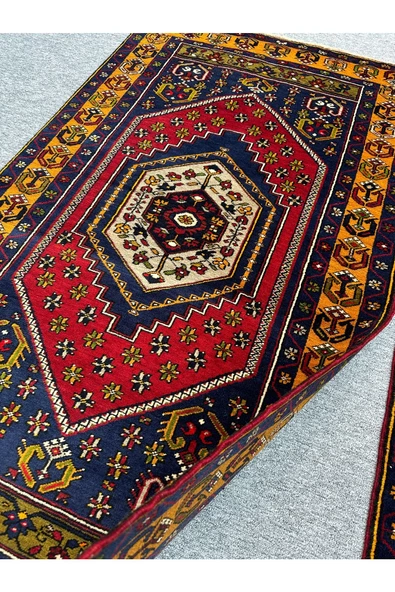 EL DOKUMA SIFIR ÇİFT YAHYALI HALISI 105X185 KIRMIZI LACİVERT SARI KÖK BOYA YÜN HALI - Resim 5