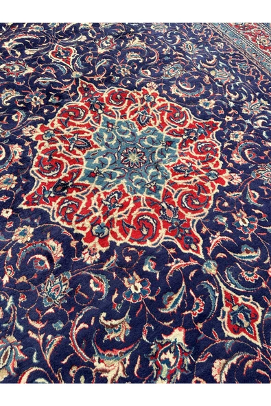 EL DOKUMA BÜYÜK İRAN KASHAN HALISI 296X407 LACİVERT %100 YÜN SALON HALISI - 8