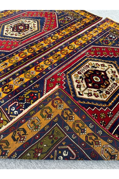 EL DOKUMA SIFIR ÇİFT YAHYALI HALISI 105X185 KIRMIZI LACİVERT SARI KÖK BOYA YÜN HALI - Resim 2