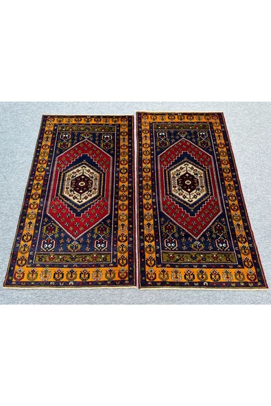 EL DOKUMA SIFIR ÇİFT YAHYALI HALISI 105X185 KIRMIZI LACİVERT SARI KÖK BOYA YÜN HALI ürün görseli