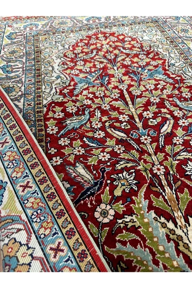 El Dokuma Saf Ipek Seccade 75x110 Hayat Ağacı Modeli Kuşlu %100 Has Ipek Namazlık - 3