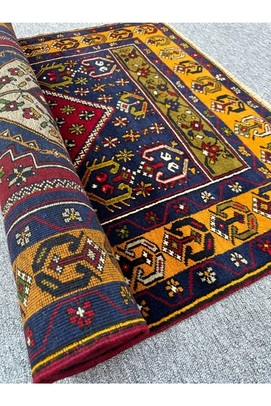 EL DOKUMA SIFIR ÇİFT YAHYALI HALISI 105X185 KIRMIZI LACİVERT SARI KÖK BOYA YÜN HALI - Resim 8