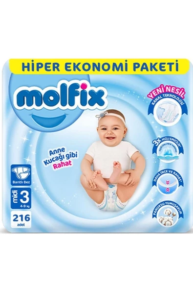 Molfix 3 Numara Midi 216'lı Bebek Bezi